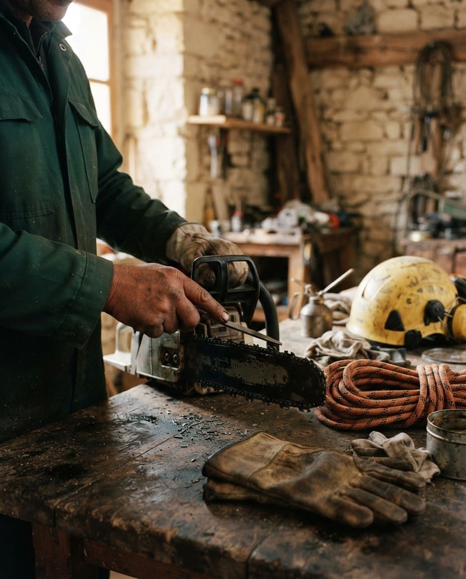Affûtage d’une chaîne de tronçonneuse sur un établi, cordes et casque à côté