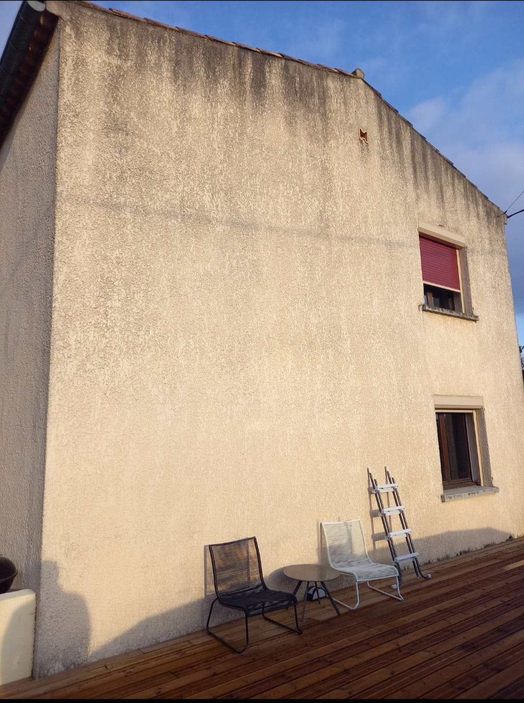 Pignon de maison noirci par les coulures et les mousses, avant nettoyage