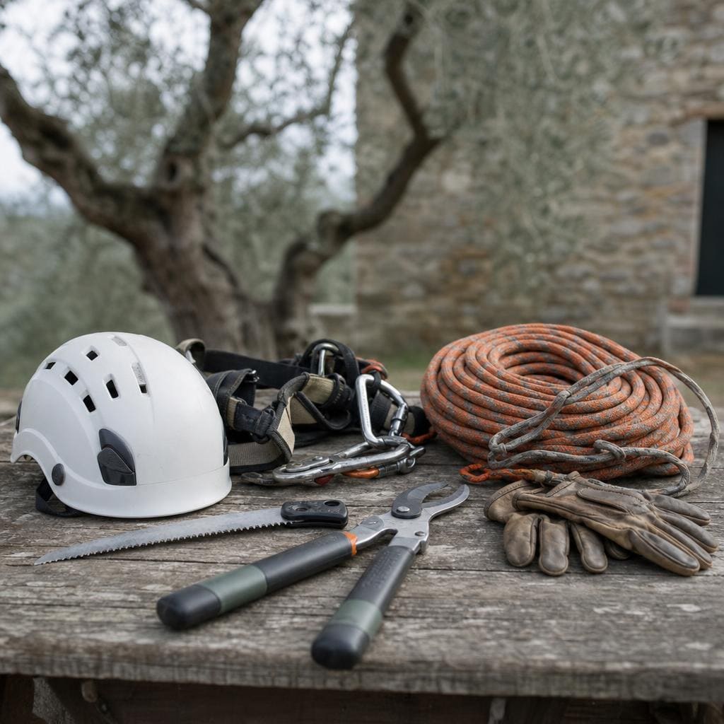 Matériel d’élagueur posé sur un établi en bois : casque blanc, harnais, corde de grimpe, scie, sécateur à long manche et gants de cuir