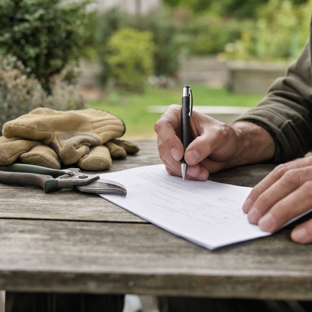 A signed gardening quote on a wooden table, with gloves and pruning shears beside it