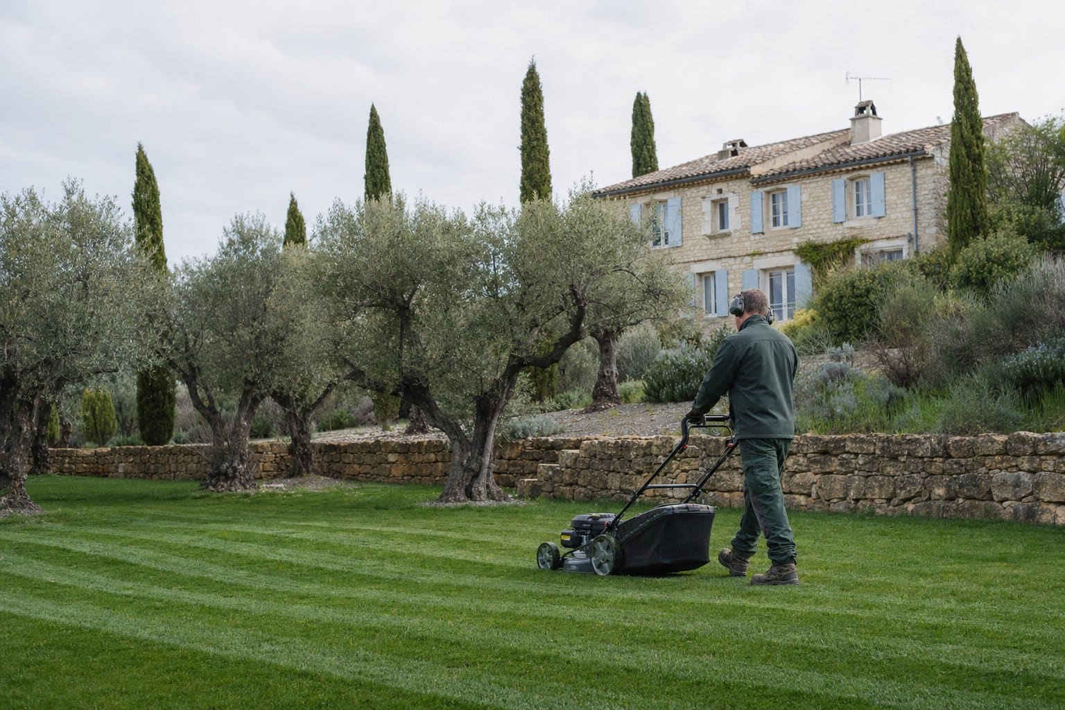 Jardinier en blouson vert et casque antibruit, vu de dos, qui pousse une tondeuse thermique sur une pelouse rayée devant des oliviers, un muret de pierre sèche et un mas en pierre